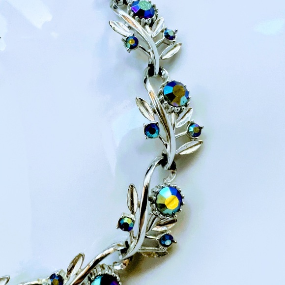 VTG SIGNED CORO BLUE, GREEN AURORA BOREALIS RHINESTONE SILVER CHOKER NECKLACE - Picture 6 of 7